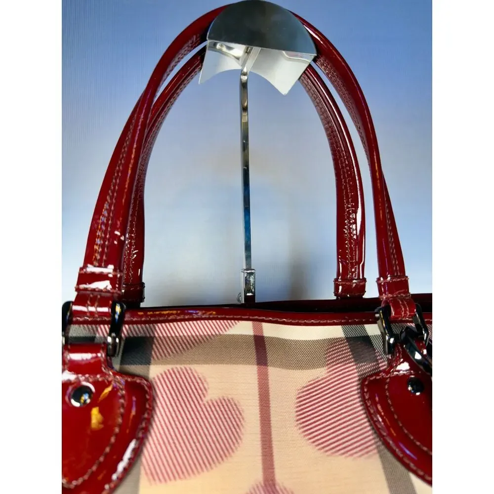 Authentic Burberry Heart Nova Check Tote Bag Coated Canvas Red Patent Trim Charm